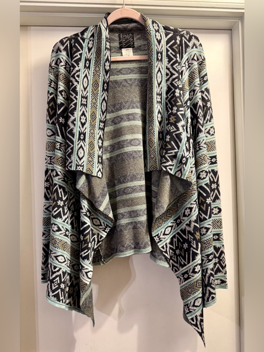 Billabong Black, Mint & Cream Aztec Open-Front Draped Cardigan